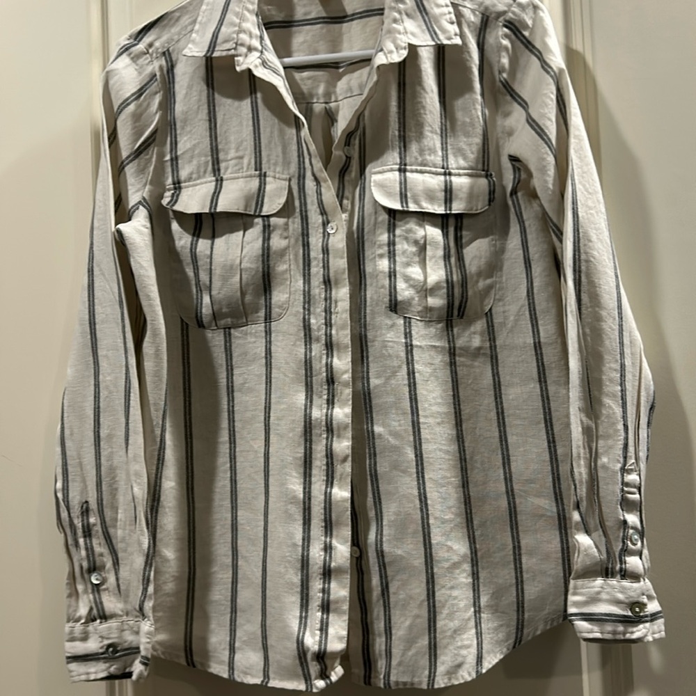 Like New! H&M oversized 100% Linen stripe Button Down Shirt long sleeve size 4